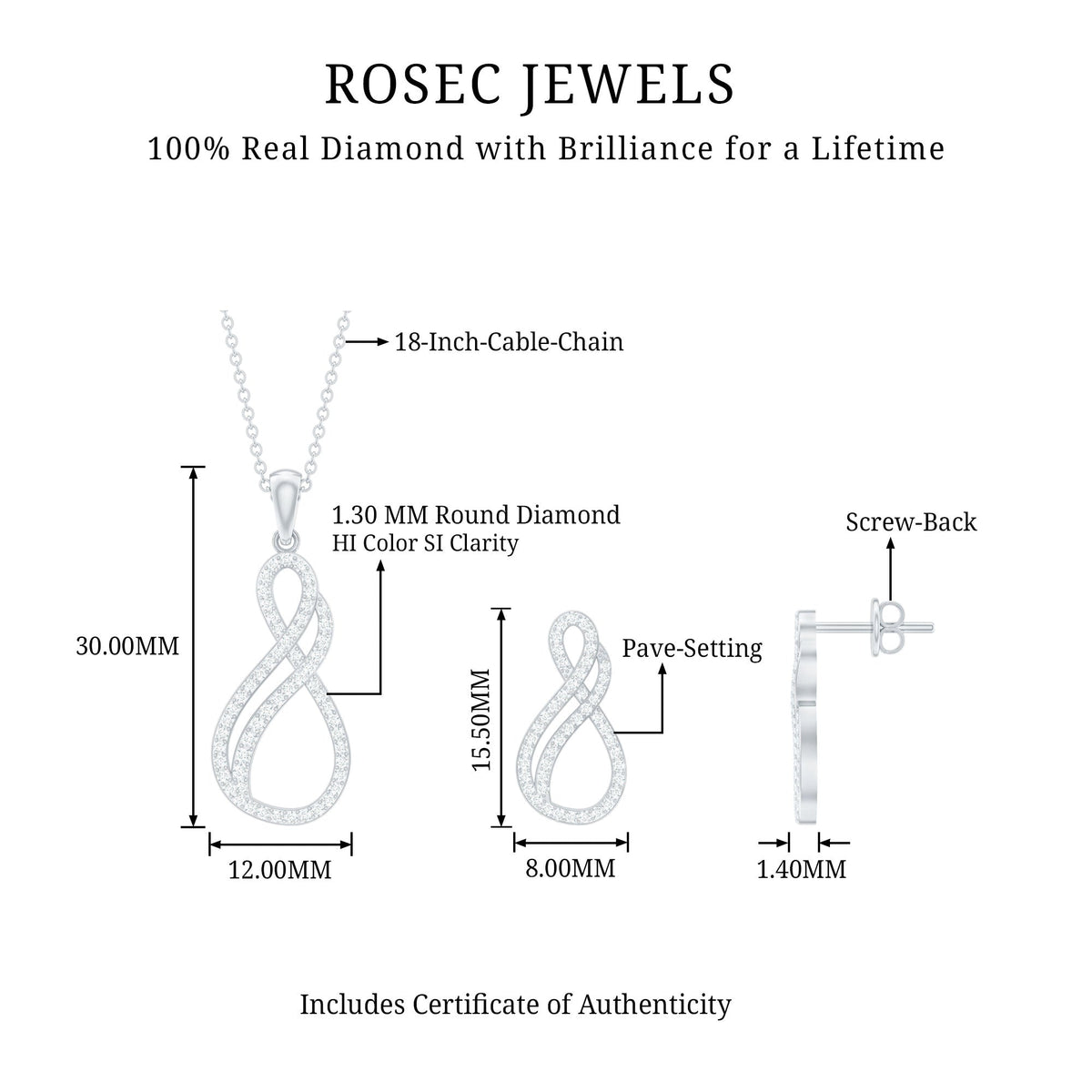 Diamond Infinity Necklace Earrings Set For Women