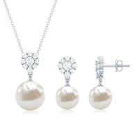 Genuine freshwater pearl flower jewelry set for brides with necklace and earrings by Rosec Jewels, elegant bridal accessories.