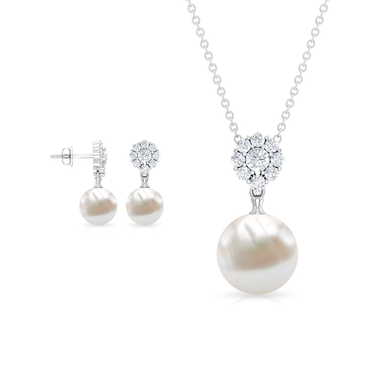 Rosec Jewels freshwater pearl flower jewelry set for brides, featuring elegant earrings and necklace with pearl flower designs.