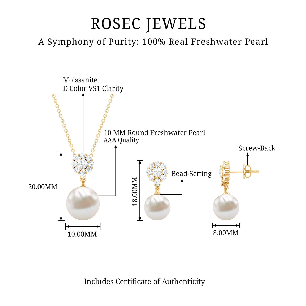 Genuine freshwater pearl flower jewelry set for brides by Rosec Jewels, includes necklace and earrings with elegant pearl flower designs.