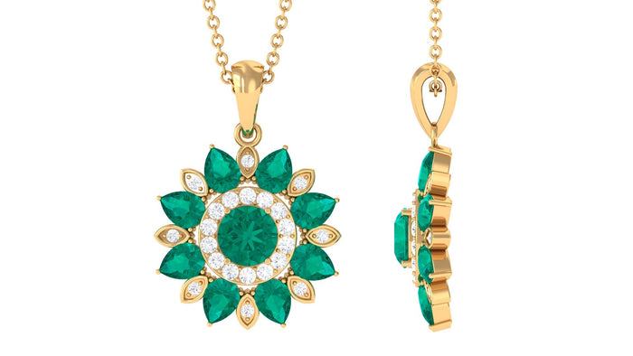 Real emerald flower pendant necklace with diamond accents, crafted by Rosec Jewels, featuring a vibrant green gemstone and elegant design.