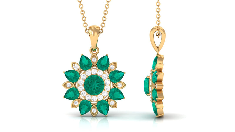 Real emerald flower pendant necklace with diamond accents from Rosec Jewels, showcasing a vibrant green gemstone design.