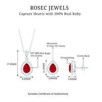 Genuine Pear Cut Ruby and Moissanite Halo Pendant and Earrings Set
