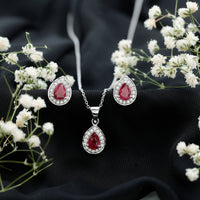 Genuine Pear Cut Ruby and Moissanite Halo Pendant and Earrings Set