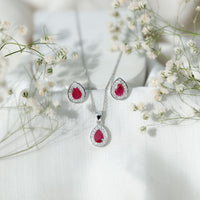 Genuine Pear Cut Ruby and Moissanite Halo Pendant and Earrings Set