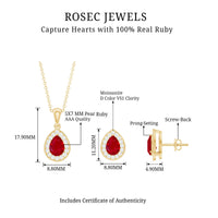 Genuine Pear Cut Ruby and Moissanite Halo Pendant and Earrings Set