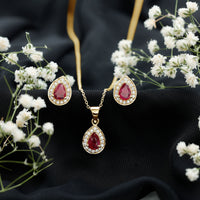 Genuine Pear Cut Ruby and Moissanite Halo Pendant and Earrings Set