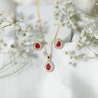 Genuine Pear Cut Ruby and Moissanite Halo Pendant and Earrings Set