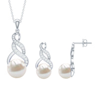 Round Freshwater Pearl and Diamond Bridal Drop Jewelry Set