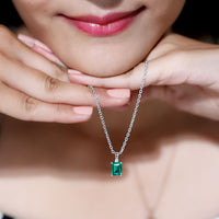 1.6 Carat Emerald Cut Lab Created Emerald Solitaire Necklace with Diamond