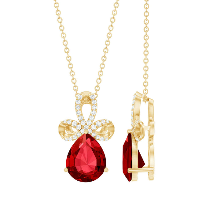 Rosec Jewels Designer Lab Grown Ruby pendant necklace with sparkling diamond accent, showcasing elegant jewelry craftsmanship.