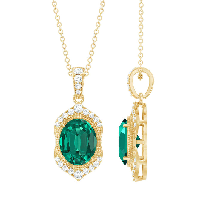 Vintage-inspired lab-grown emerald pendant necklace with diamond accents by Rosec Jewels, showcasing a detailed pendant design.