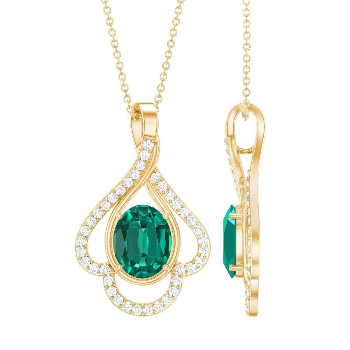 Lab Grown Emerald Oval Pendant Necklace with Diamonds