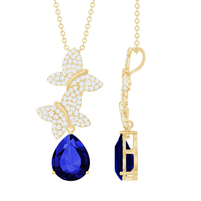 Lab-grown blue sapphire butterfly pendant necklace with diamond accents, featuring a delicate Rosec Jewels design.