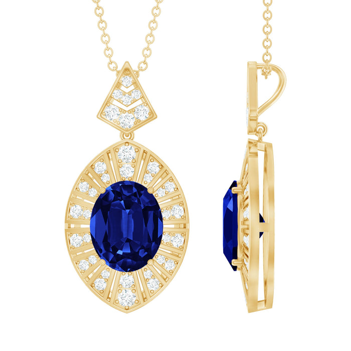 Lab grown blue sapphire and diamond accent Art Deco pendant necklace by Rosec Jewels showing intricate design and vibrant blue stone.