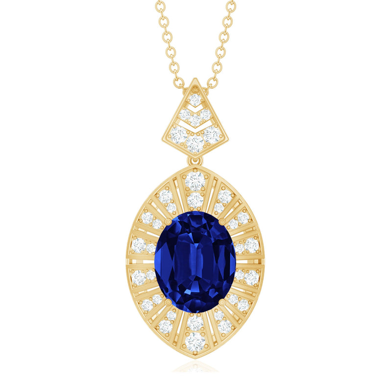 Lab grown blue sapphire Art Deco pendant necklace with diamond accents from Rosec Jewels, showcasing intricate design and sparkling gemstones.