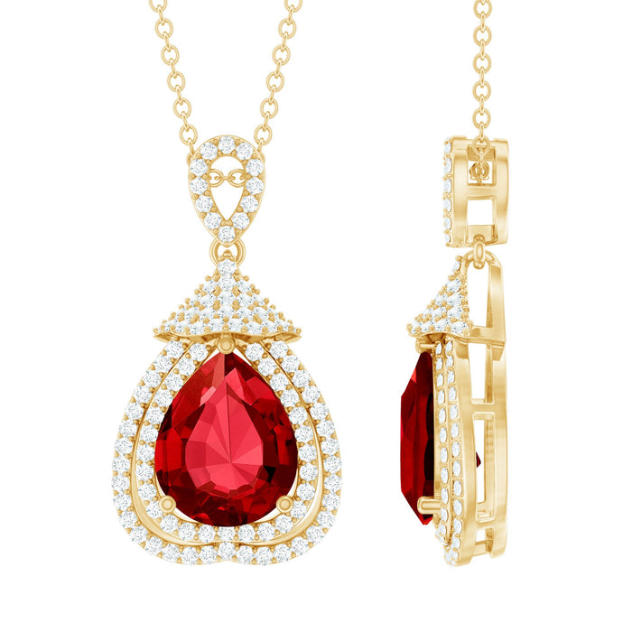 Certified lab-grown ruby double halo diamond pendant necklace with rose gold setting by Rosec Jewels.