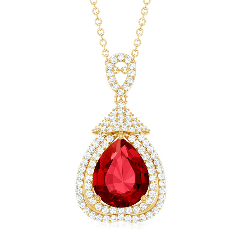Certified lab-grown ruby double halo diamond pendant necklace with rose gold accents by Rosec Jewels, featuring a central ruby and sparkling diamonds.