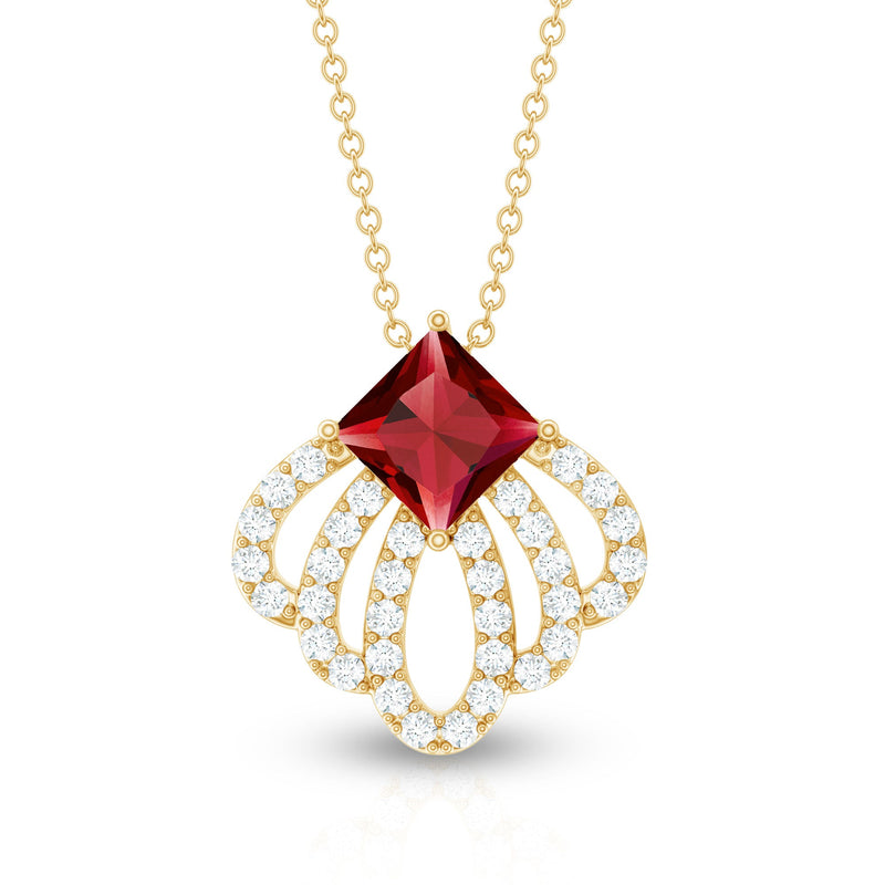 Lab grown ruby and diamond pendant wedding necklace by Rosec Jewels featuring a elegant design with sparkling gemstones.