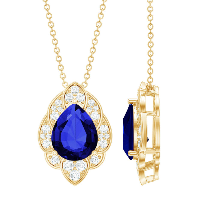 Blue sapphire petal pendant with diamond from Rosec Jewels, showcasing a lab-grown gemstone and elegant jewelry design.
