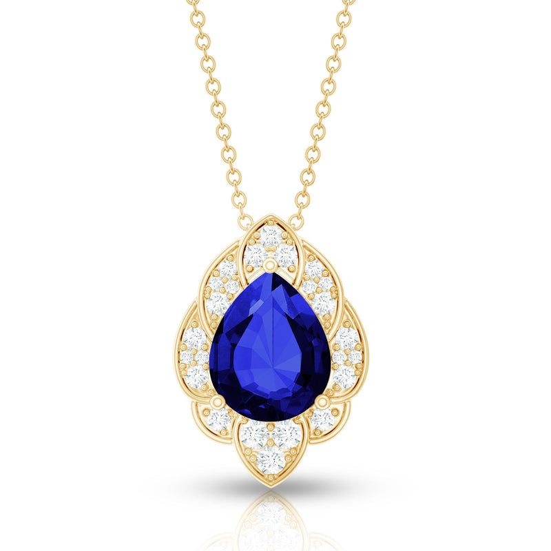 Blue sapphire petal pendant with diamond from Rosec Jewels, crafted from certified lab-grown sapphire, featuring elegant jewelry design.