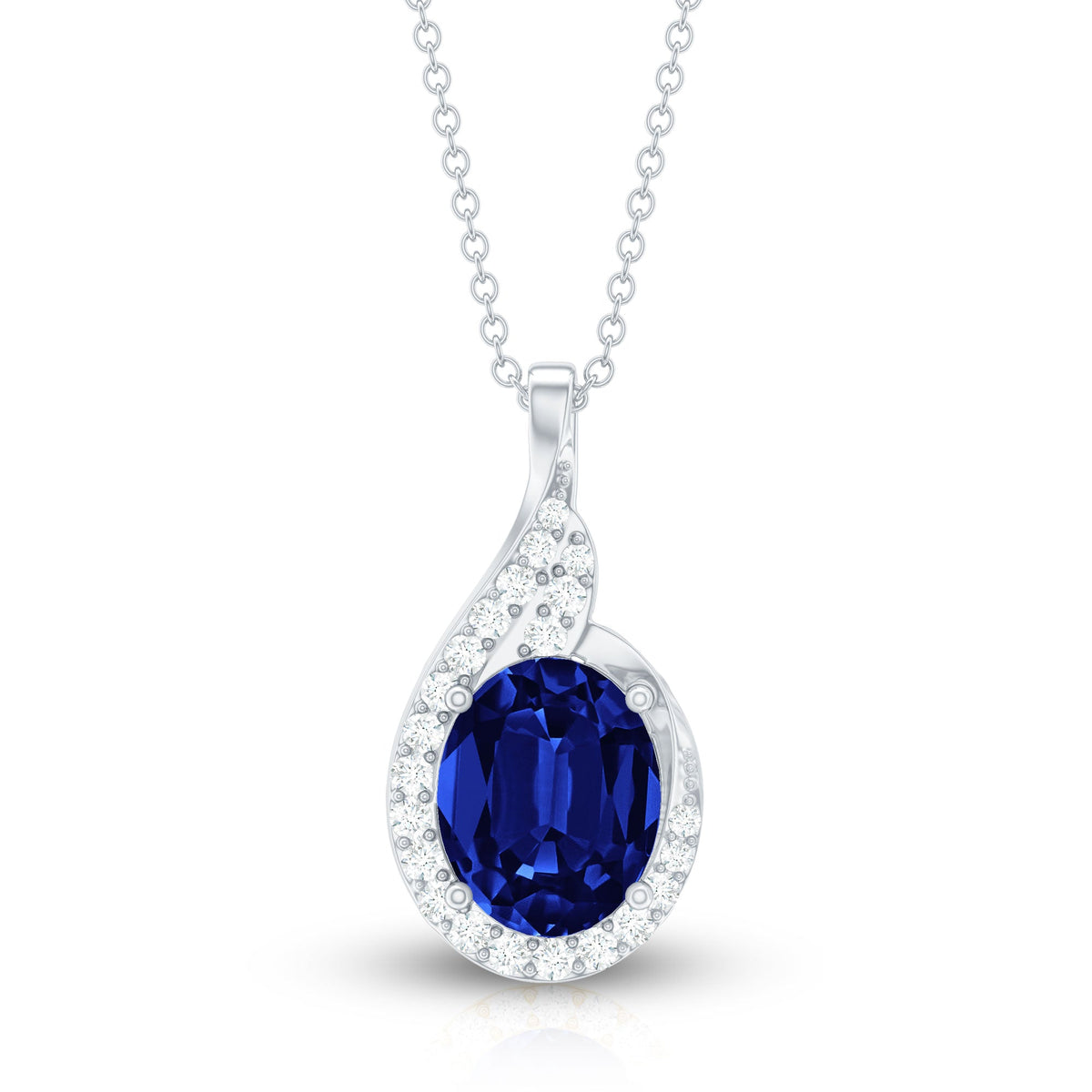 Lab Grown Blue Sapphire and Diamond Oval Pendant Necklace