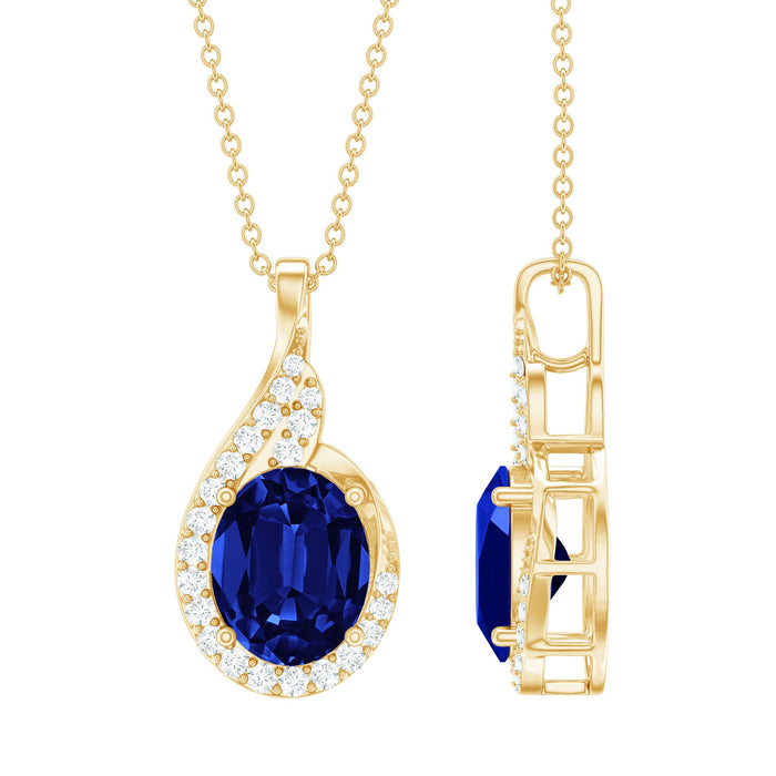 Lab grown blue sapphire and diamond oval pendant necklace from Rosec Jewels featuring a stunning gemstone design.