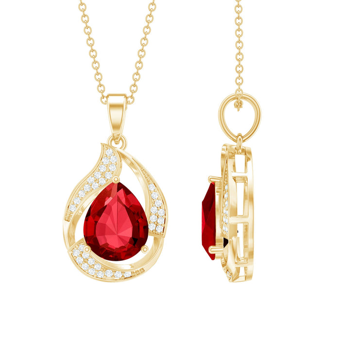 Rosec Jewels designer lab-created ruby teardrop pendant necklace with diamond accent, showcasing elegant jewelry craftsmanship.