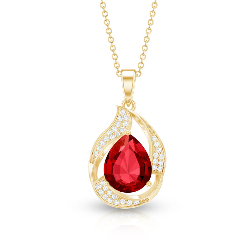 Rosec Jewels Ruby teardrop pendant necklace with diamond, showcasing a lab-created red gemstone and elegant jewelry design.