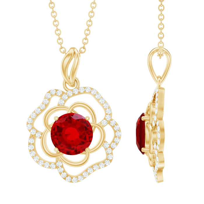 Lab-grown ruby rose pendant necklace with diamond accent, featuring a floral design and sterling silver setting.