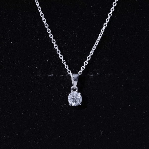 Brilliant cut lab-grown diamond pendant on silver chain, elegant jewelry piece from Rosec Jewels.