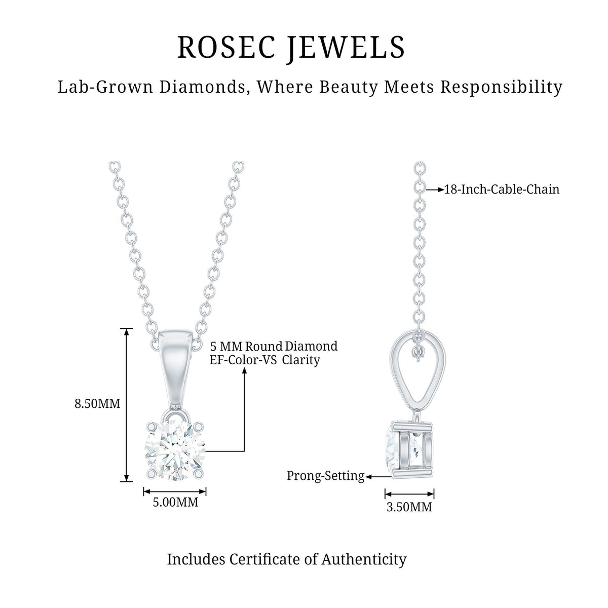 Round Brilliant Cut 5 MM Lab Diamond Solitaire Necklace for Women