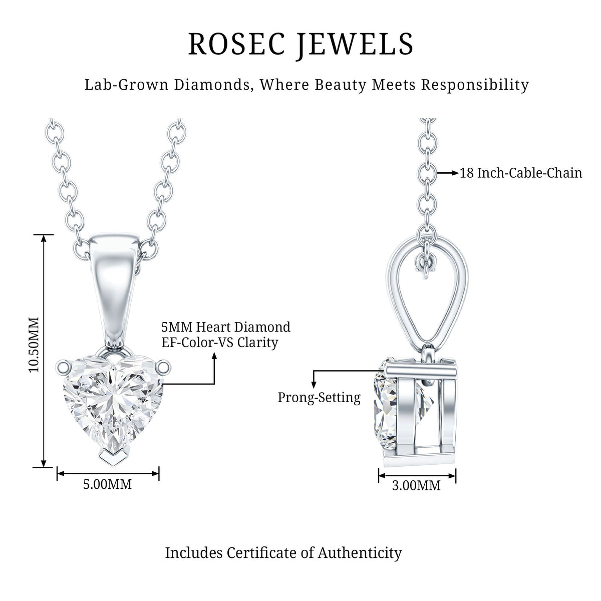 5 MM Lab Grown Diamond Heart Necklace For Women