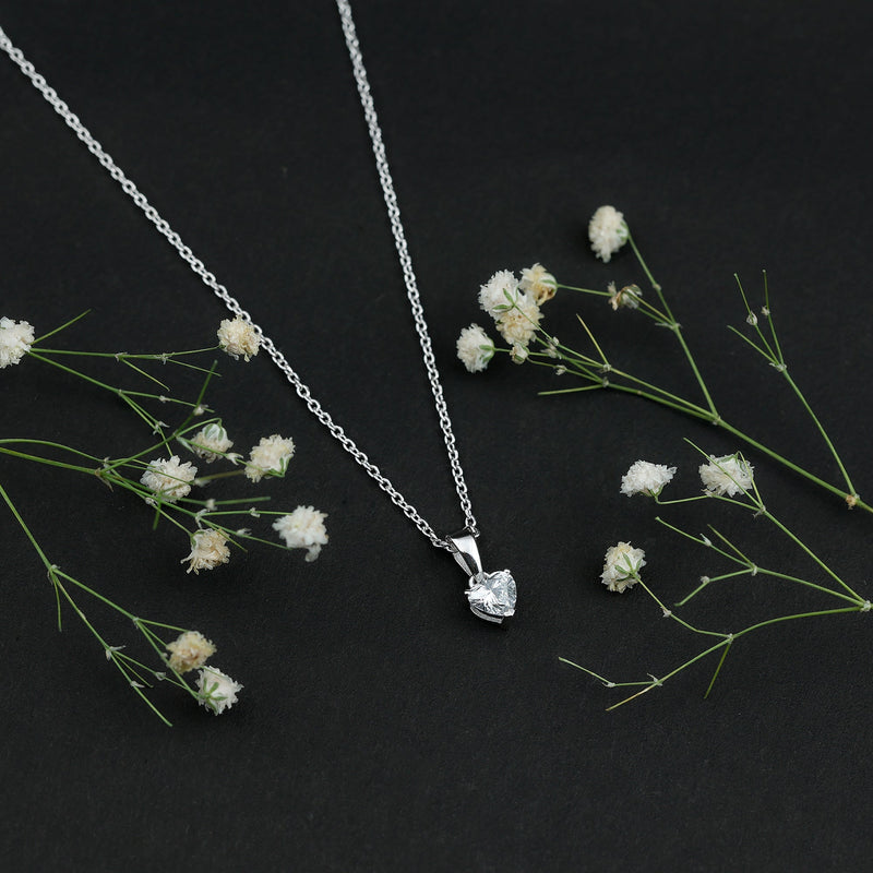 Lab grown 0.5 carat diamond heart pendant on silver chain by Rosec Jewels, showcasing a sparkling heart-shaped diamond pendant.