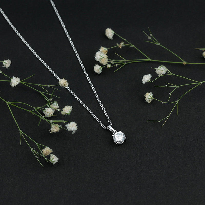 Lab grown 0.9 carat diamond solitaire pendant with silver chain, elegant jewelry by Rosec Jewels.