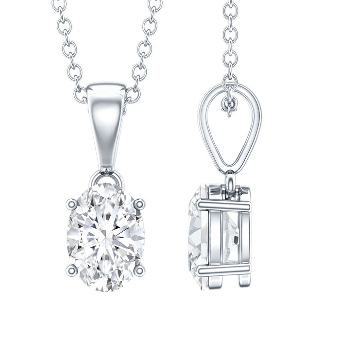 Oval lab grown diamond pendant on silver chain, featuring a 0.75 carat diamond solitaire by Rosec Jewels.
