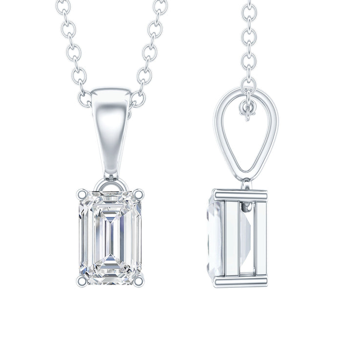 Lab grown 0.7 carat emerald cut diamond pendant on silver chain by Rosec Jewels, showcasing a sparkling gemstone and elegant design.