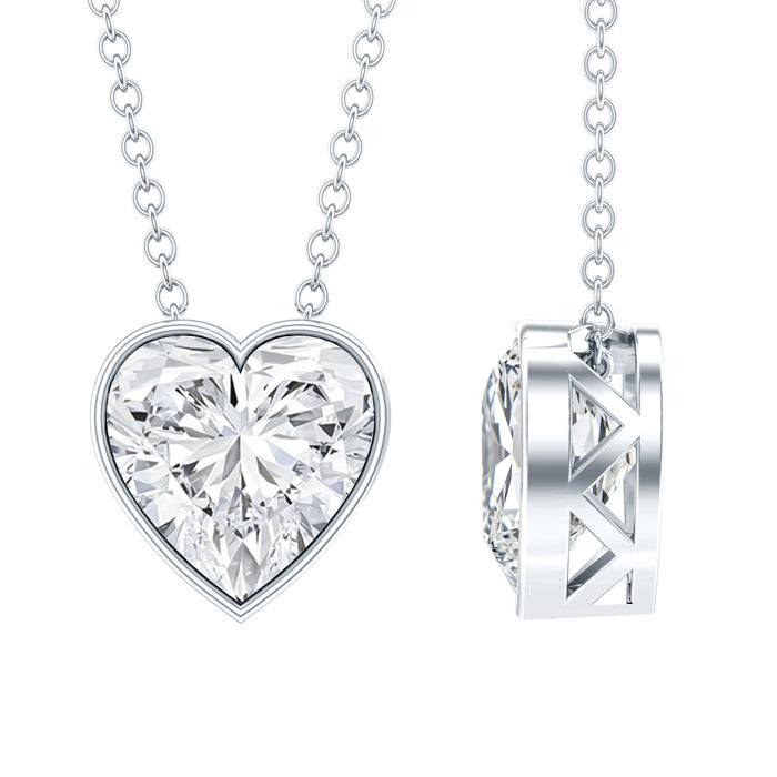 Bezel set 2 carat cubic zirconia heart pendant necklace with chain by Rosec Jewels, showcasing a sparkling heart-shaped pendant.