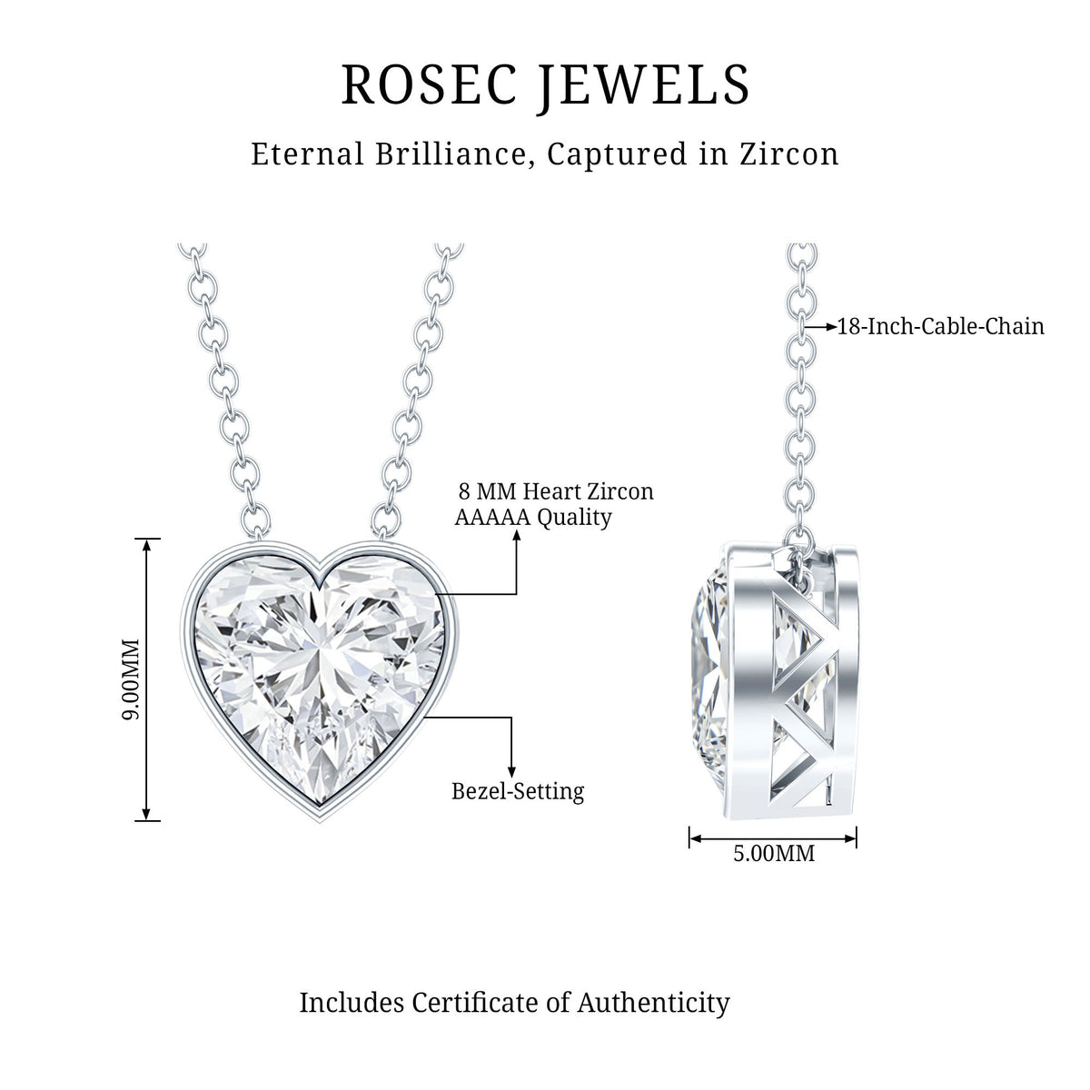 Bezel Set 2 Carat Cubic Zirconia Heart Pendant Necklace with Chain
