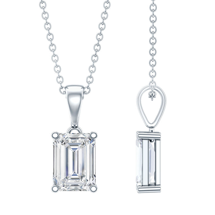 Emerald cut cubic zirconia pendant with silver chain from Rosec Jewels, showcasing a sparkling gemstone on a delicate chain.