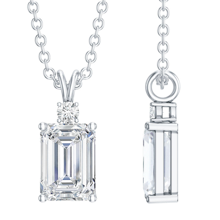 Certified 1.87 carat emerald cut cubic zirconia pendant necklace with silver chain, elegant jewelry piece by Rosec Jewels.