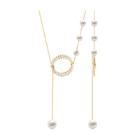 White Freshwater Pearl and Diamond Lariat Eternity Necklace