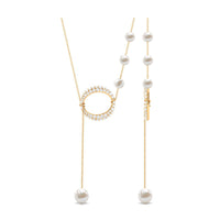 White Freshwater Pearl and Diamond Lariat Eternity Necklace