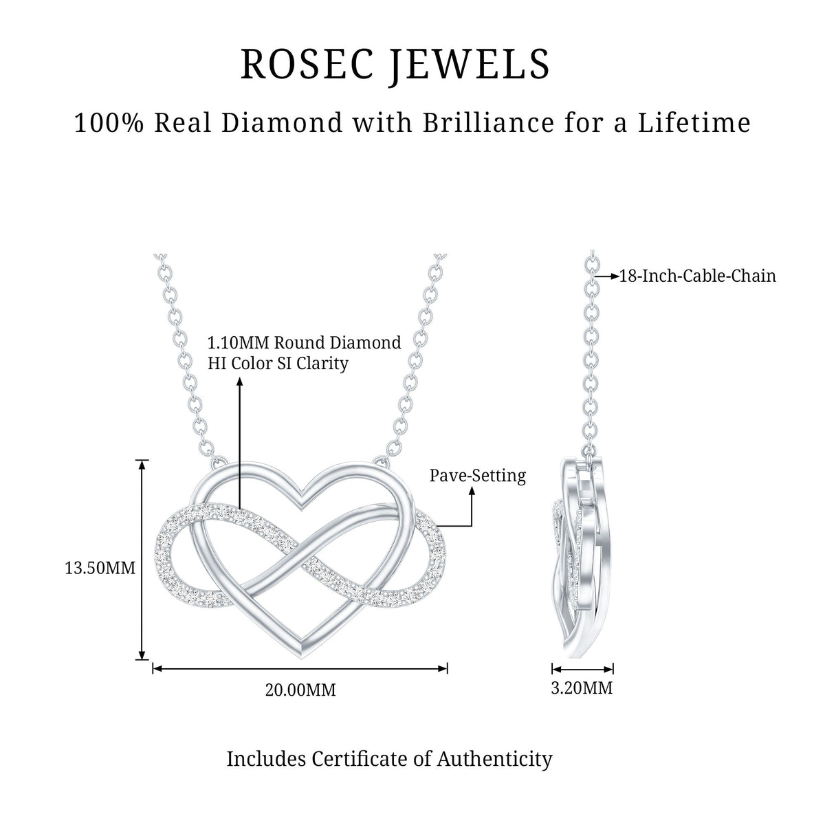 Certified diamond infinity heart necklace by Rosec Jewels featuring sparkling diamonds and a delicate pendant design.