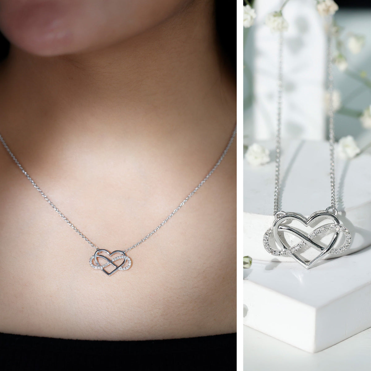Rosec Jewels certified diamond infinity heart necklace featuring sparkling diamonds on a delicate chain.