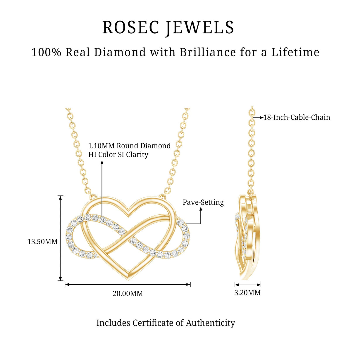 Rosec Jewels certified diamond infinity heart necklace with sparkling diamonds and elegant design, displayed on a white background.