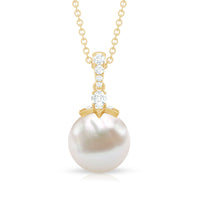 Real Freshwater Pearl and Diamond Drop Pendant Necklace