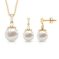 Real Freshwater Pearl and Diamond Drop Pendant and Earrings Set