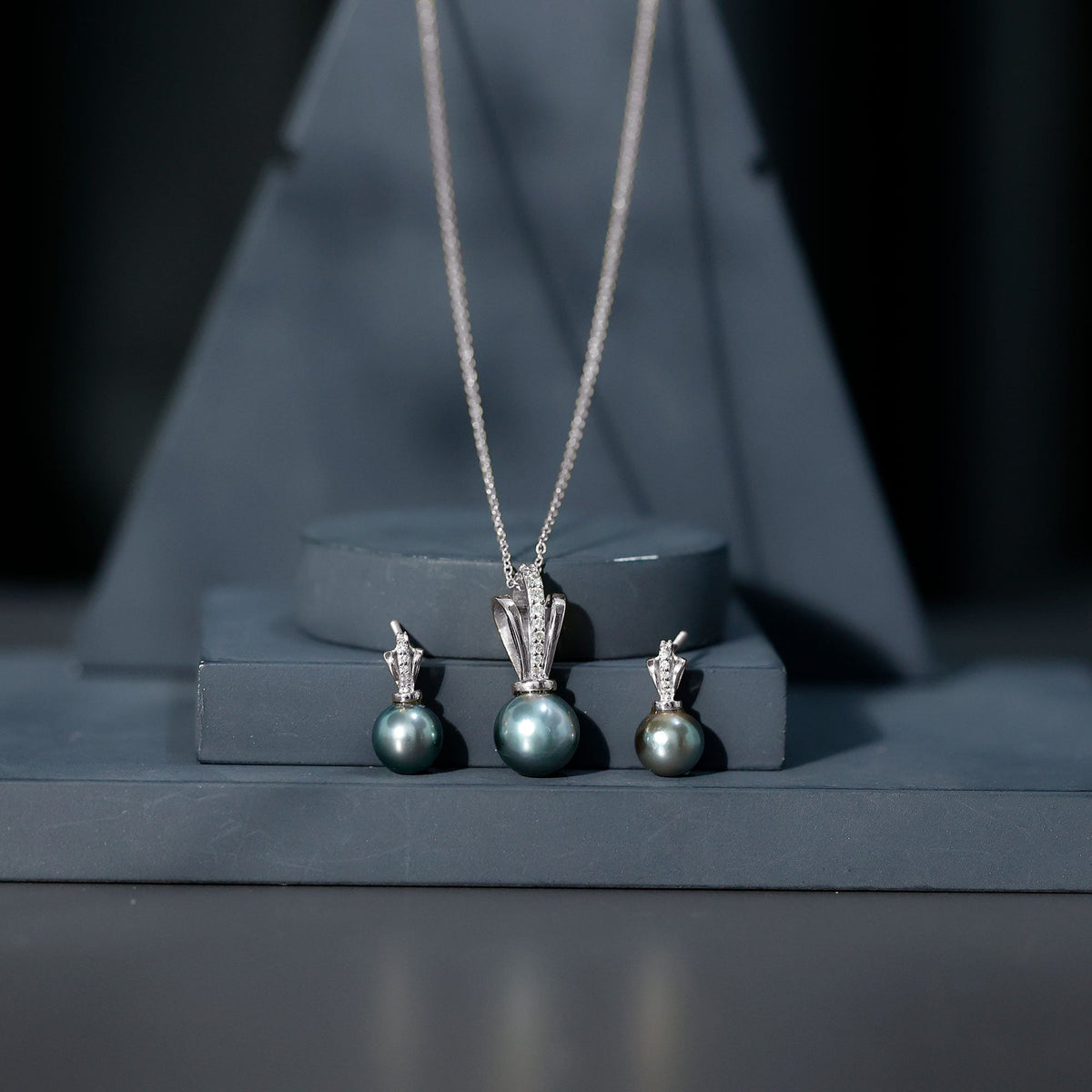 Genuine Tahitian Pearl and Diamond Drop Necklace Earrings Set