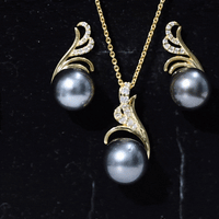 Designer Tahitian Black Pearl Necklace and Earrings Set with Diamond